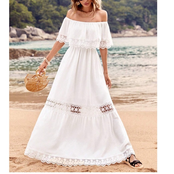 Boho White Lace Off Shoulder Maxi Dress - Picture 1 of 5